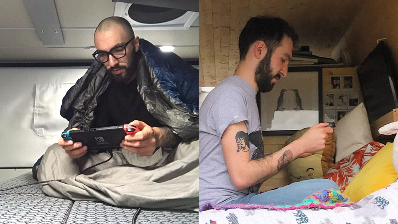 Seb in two camper vans playing his Switch