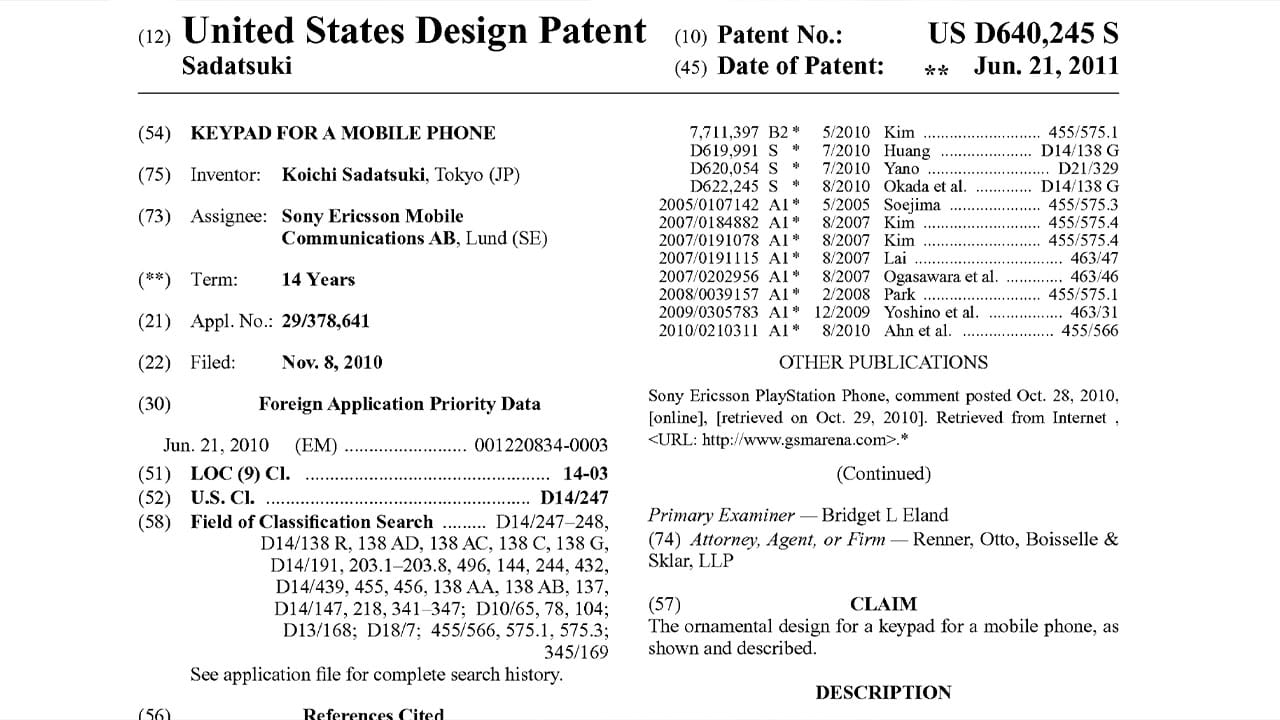 Patent information for the Sony Xperia Play