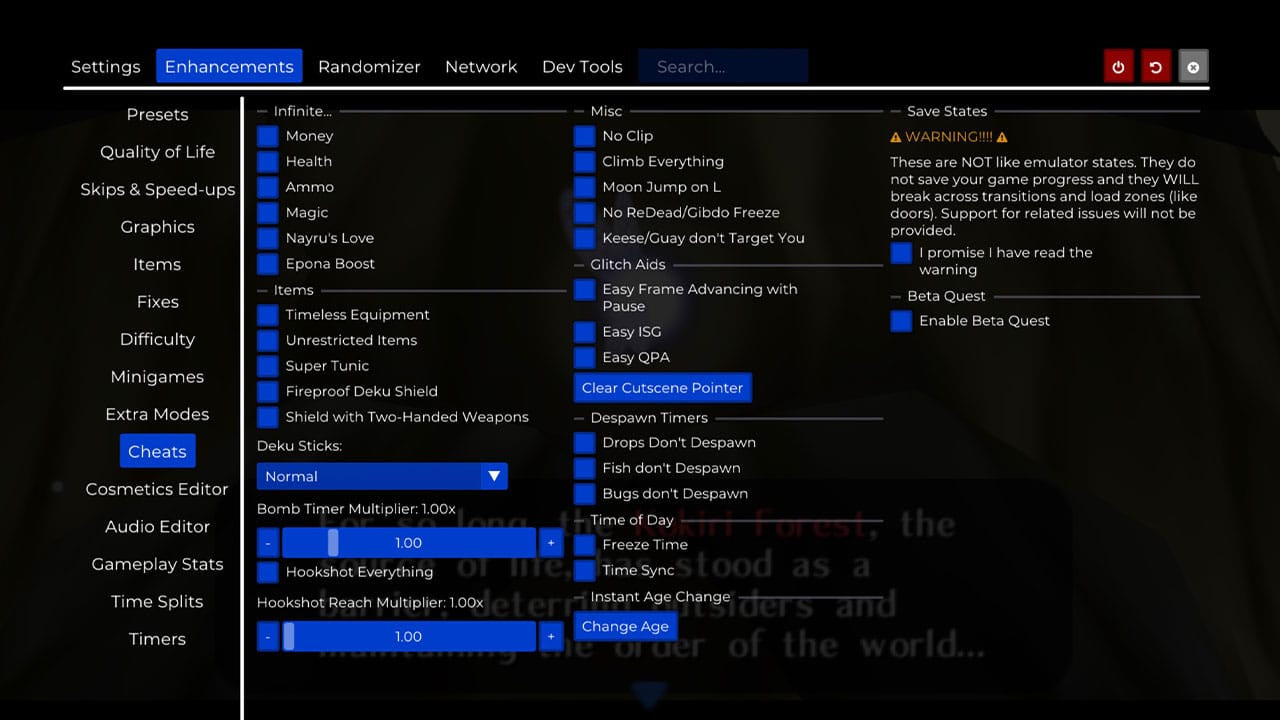 Cheats and other settings in Ship of Harkinian