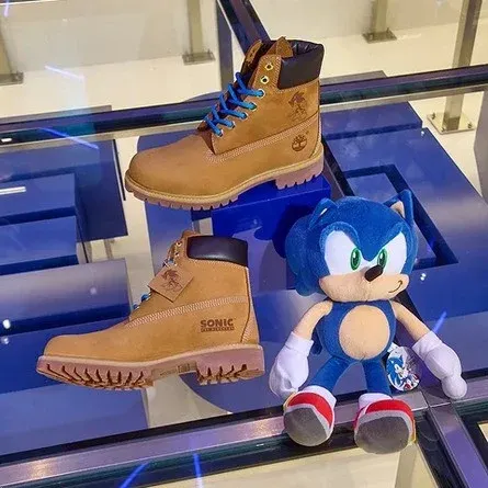 Timberland Boots next to a plush Sonic toy