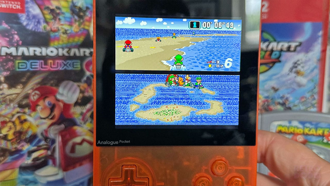Link racing in Super Mario Kart