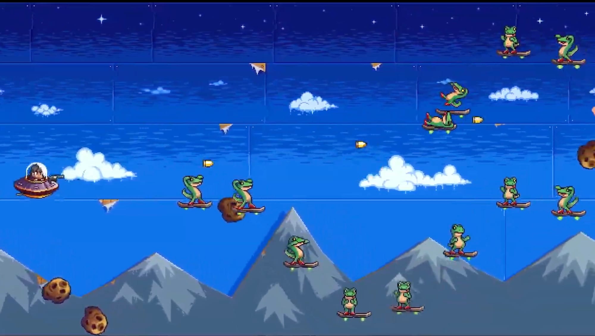 Gameplay of a boy in a spaceship firing at reptiles