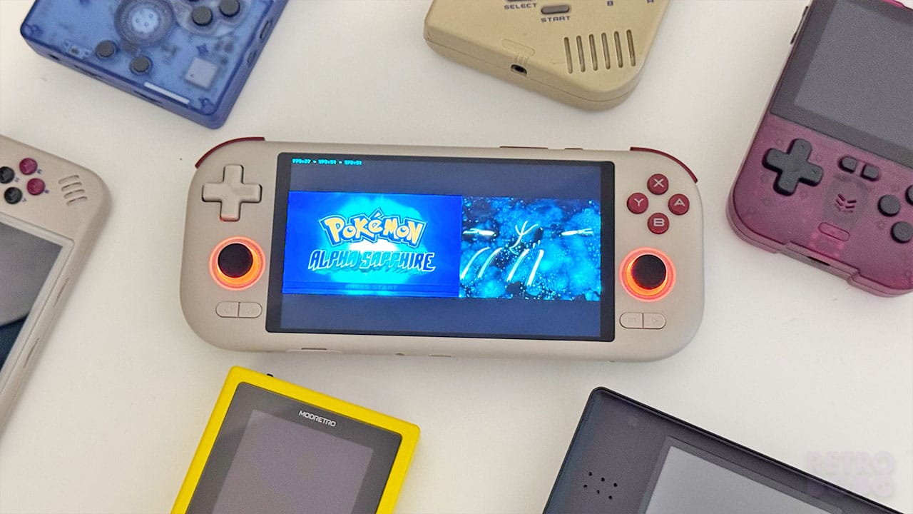 Top-down photo of a handheld showing Pokémon Alpha Sapphire gameplay