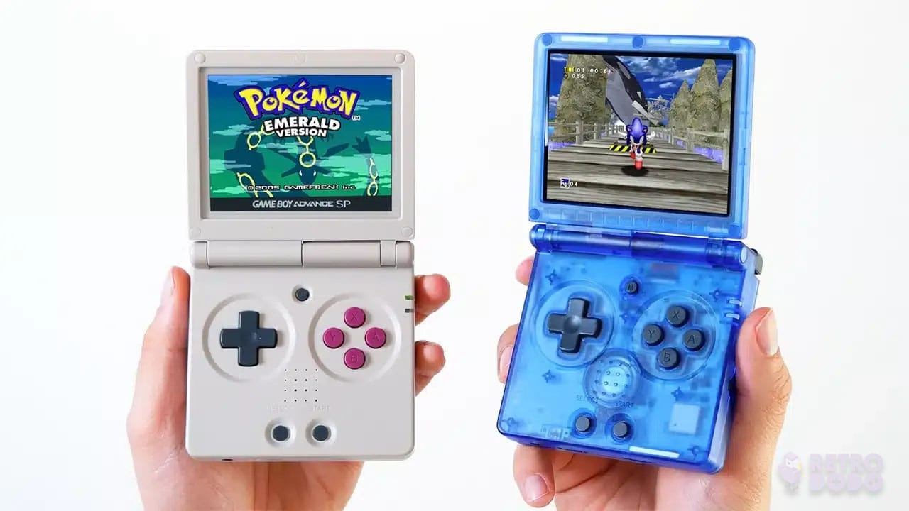 Two ANBERNIC RG35XXSP consoles - Grey (left) and crystal blue (right)