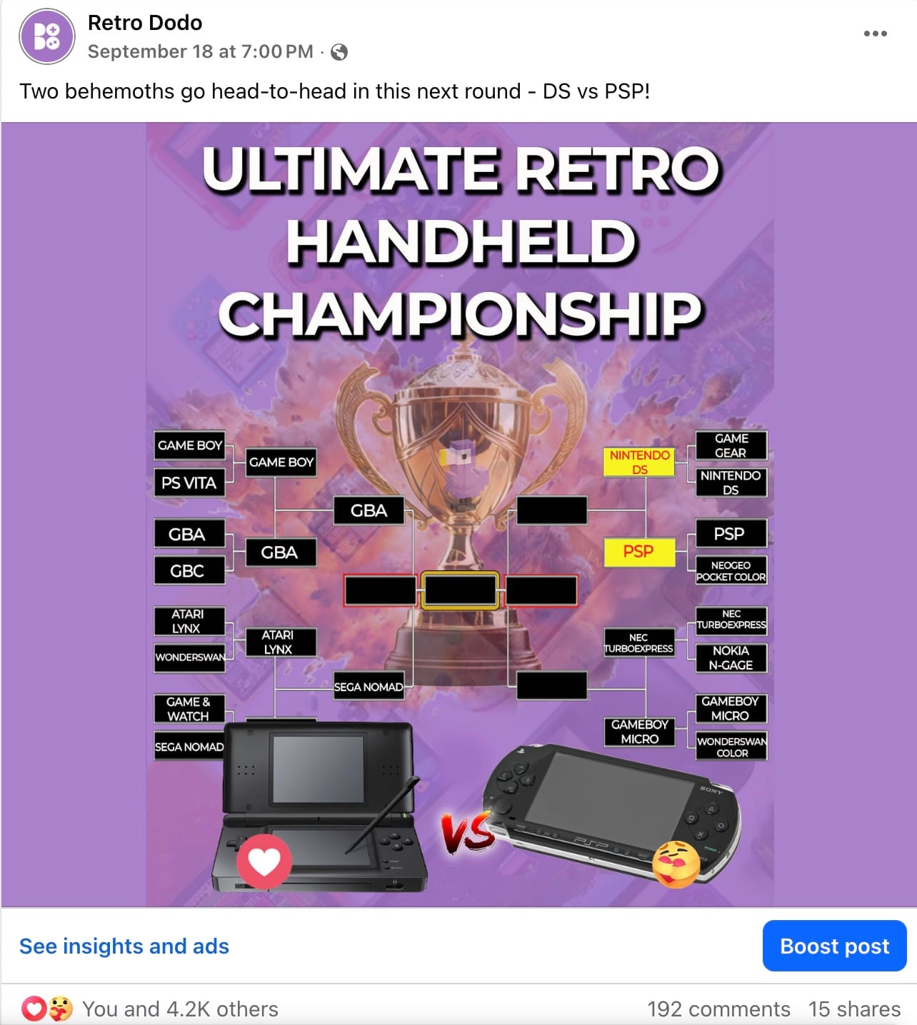 A screenshot from the Retro Dodo Facebook page of the handheld competition