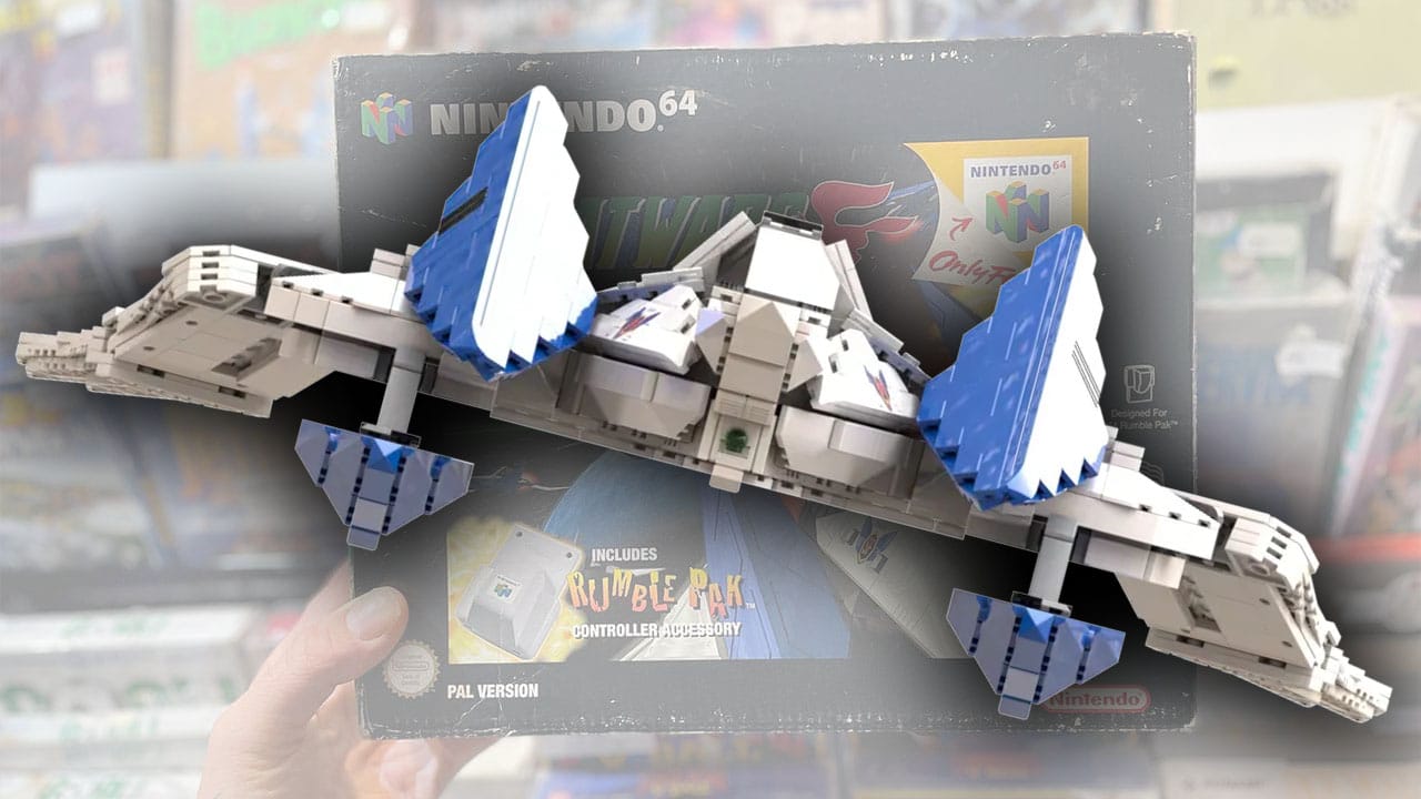 A Lego Arwing superimposed over Seb holding up a copy of LylatWars for the N64