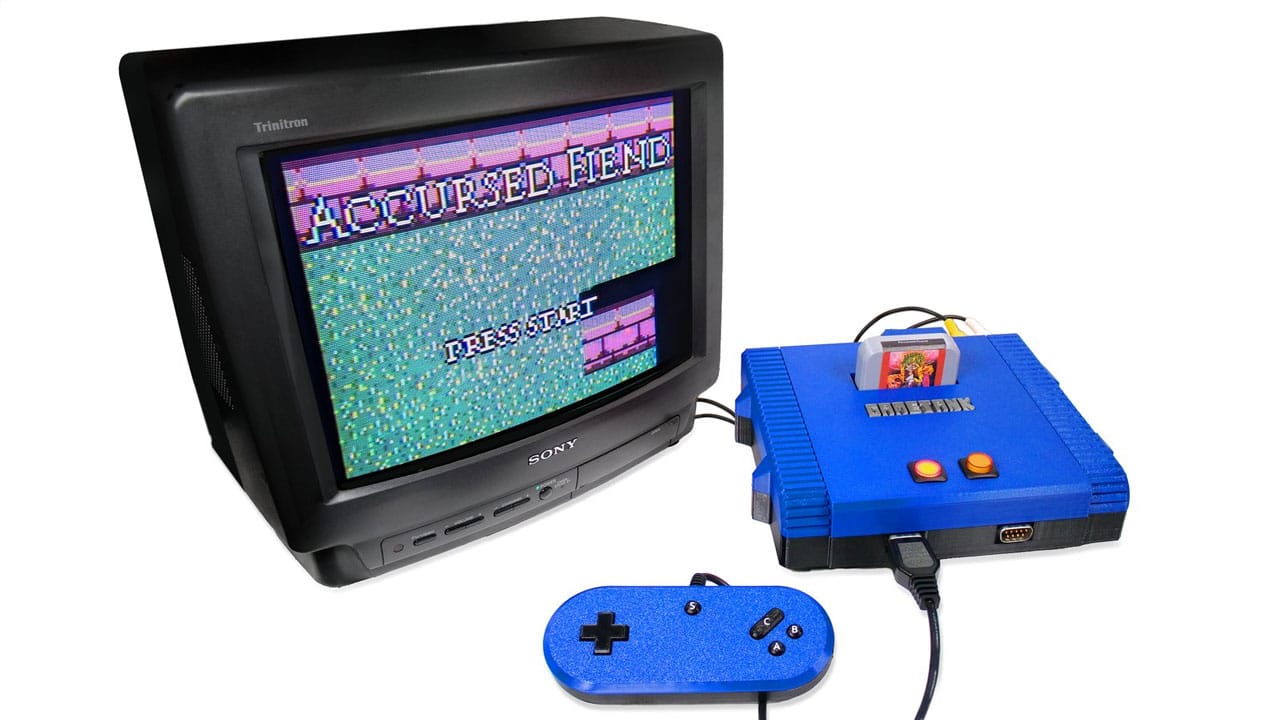 A blue console hooked up to a TV