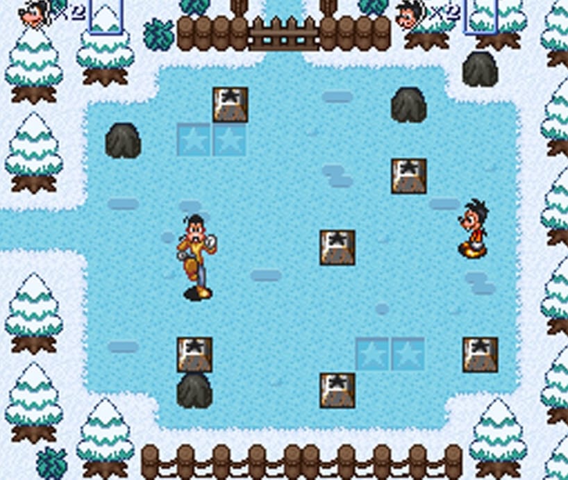 Max and Goofy solving a block puzzle on ice