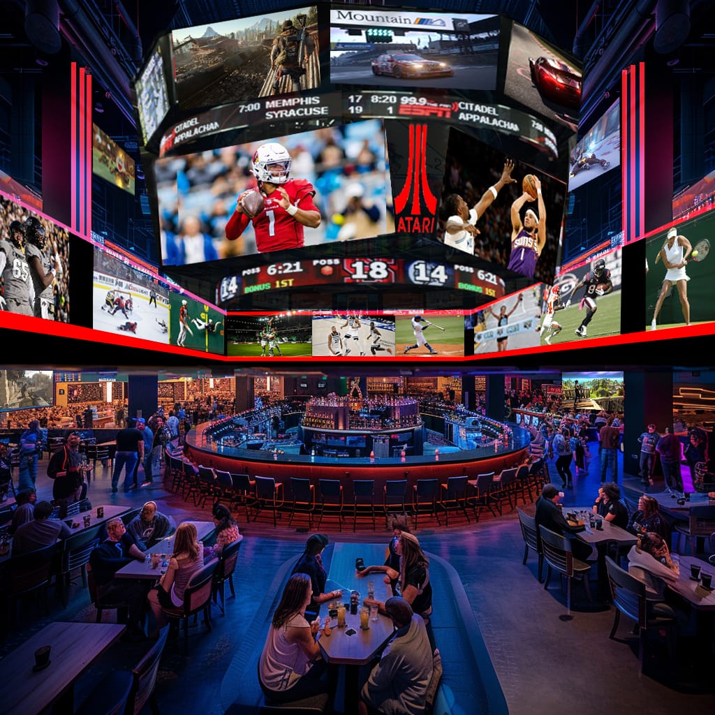 A sports bar with Atari branding and lots of TVs showing live sports