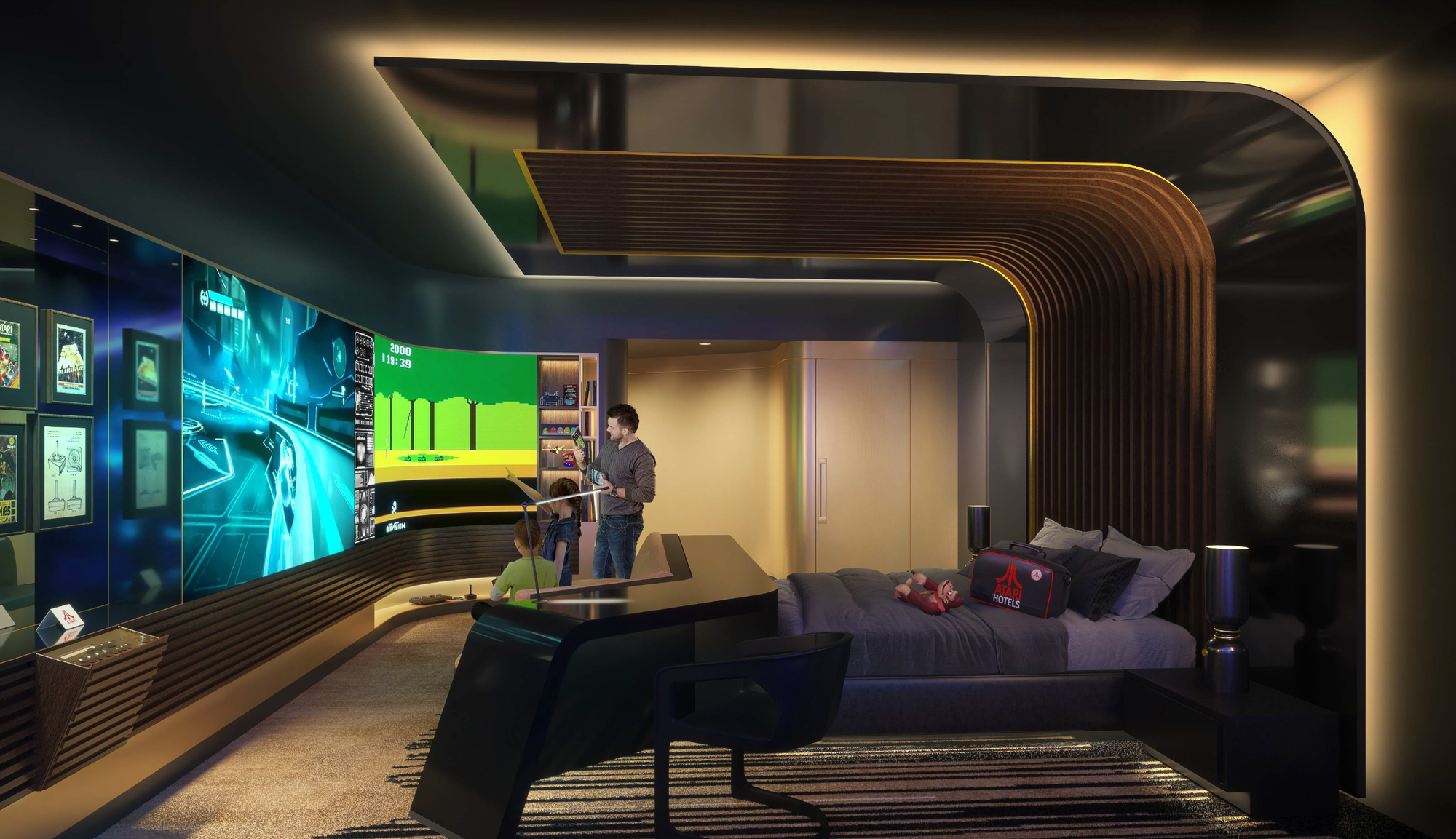 A mock up design of the futuristic rooms inside the Atari Hotel