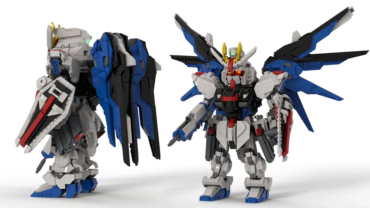 Side and front wing elevated views of the LEGO Freedom Gundam