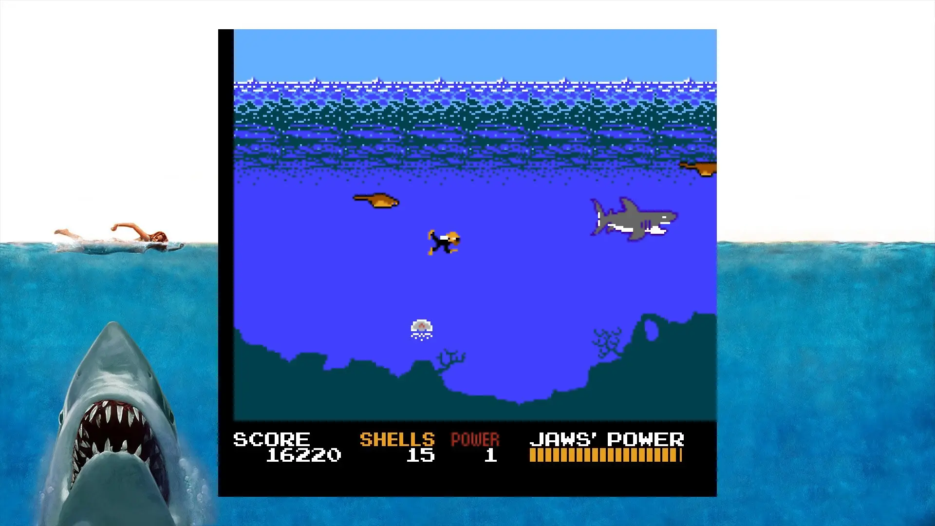 Jaws Gameplay of a swimmer underwater with sharks