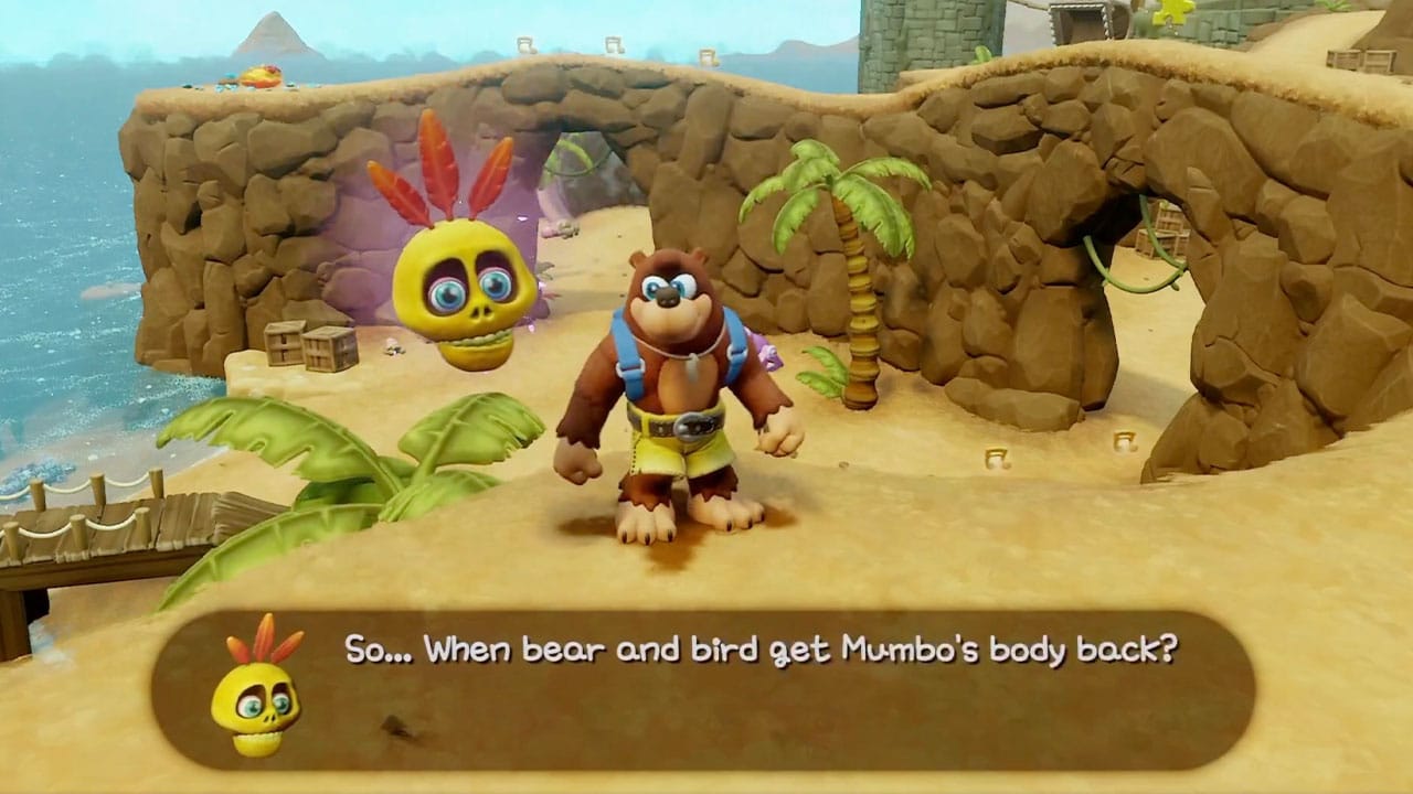 Banjo and Mumbo's head chatting in an area that looks like Treasure Trove Cove