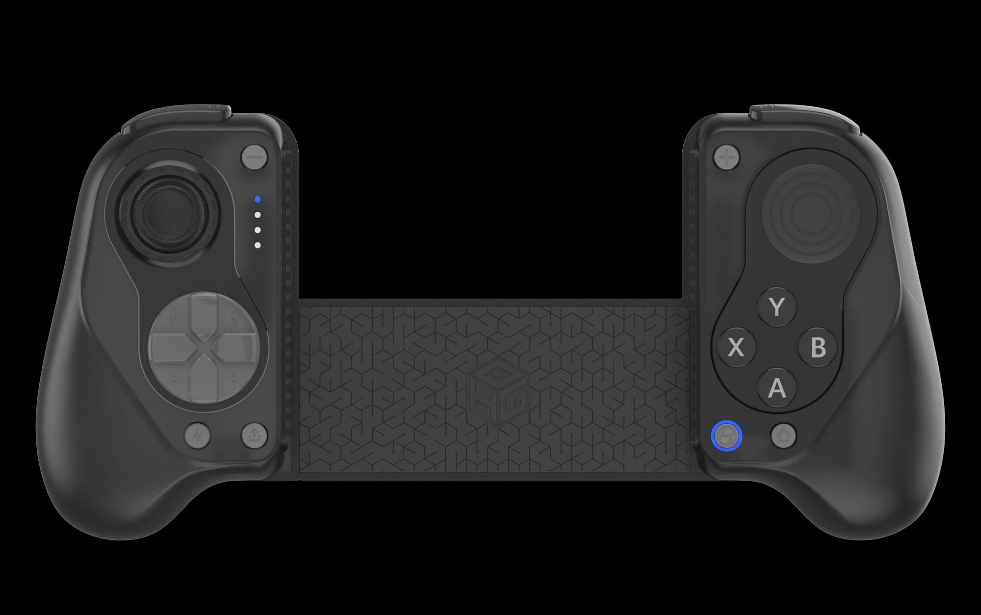 A black mobile controller with symmetrical sticks