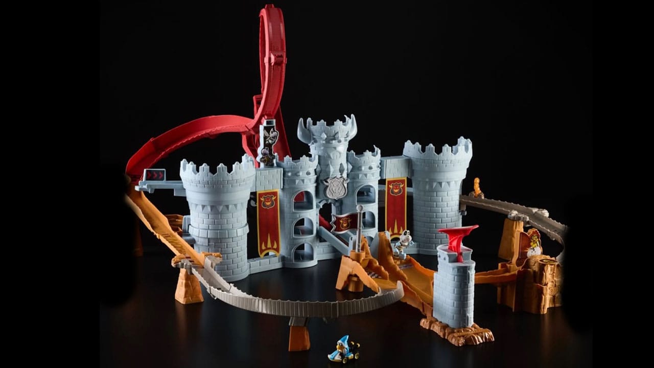 A wide shot of the Bowser's Castle set from Hot Wheels
