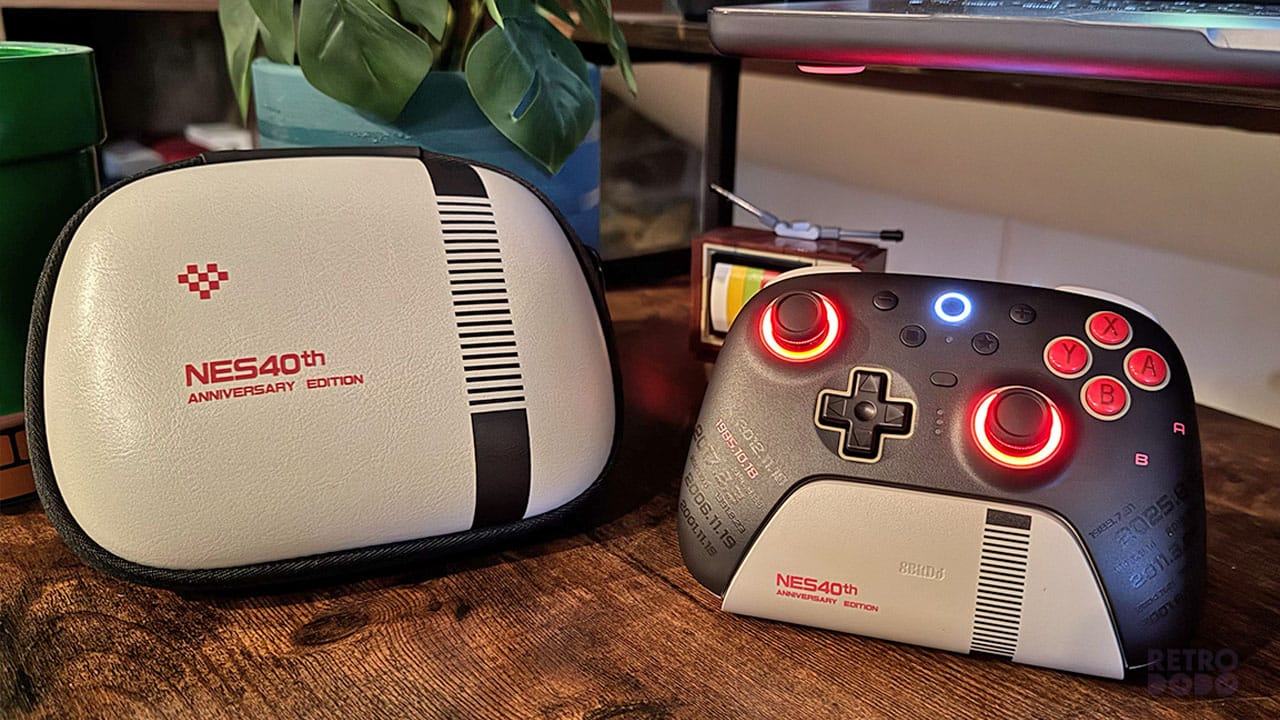 NES40th controller carry case (left) and controller with lit up LED joystick rings (right)