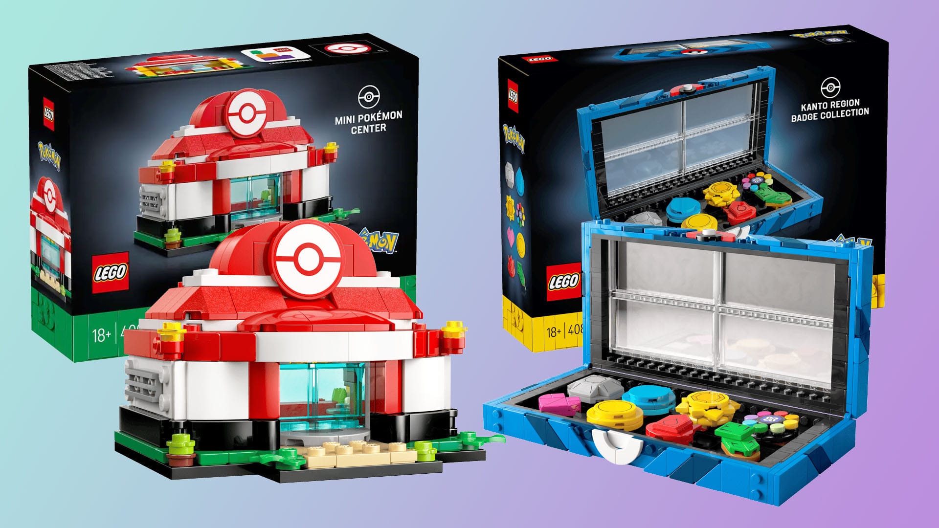 LEGO Pokémon Center (left) and Kanto Gym Badges (right)