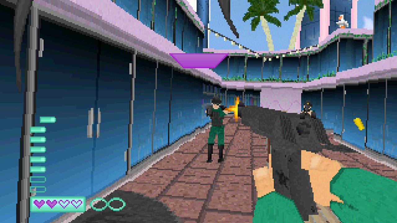 A character pointing a gun at an enemy