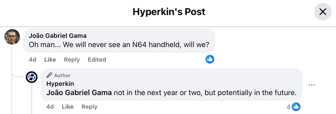 A Facebook comment screenshot saying that Hyperkin haven't ruled out making an N64 handheld