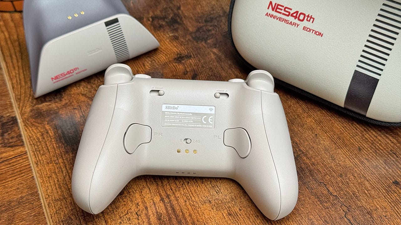 Back paddles on a grey controller (rear view)