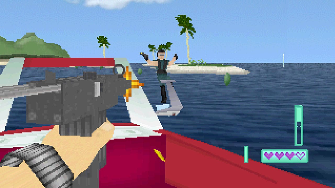 A character wearing a watch firing a weapon at an enemy on a jetski