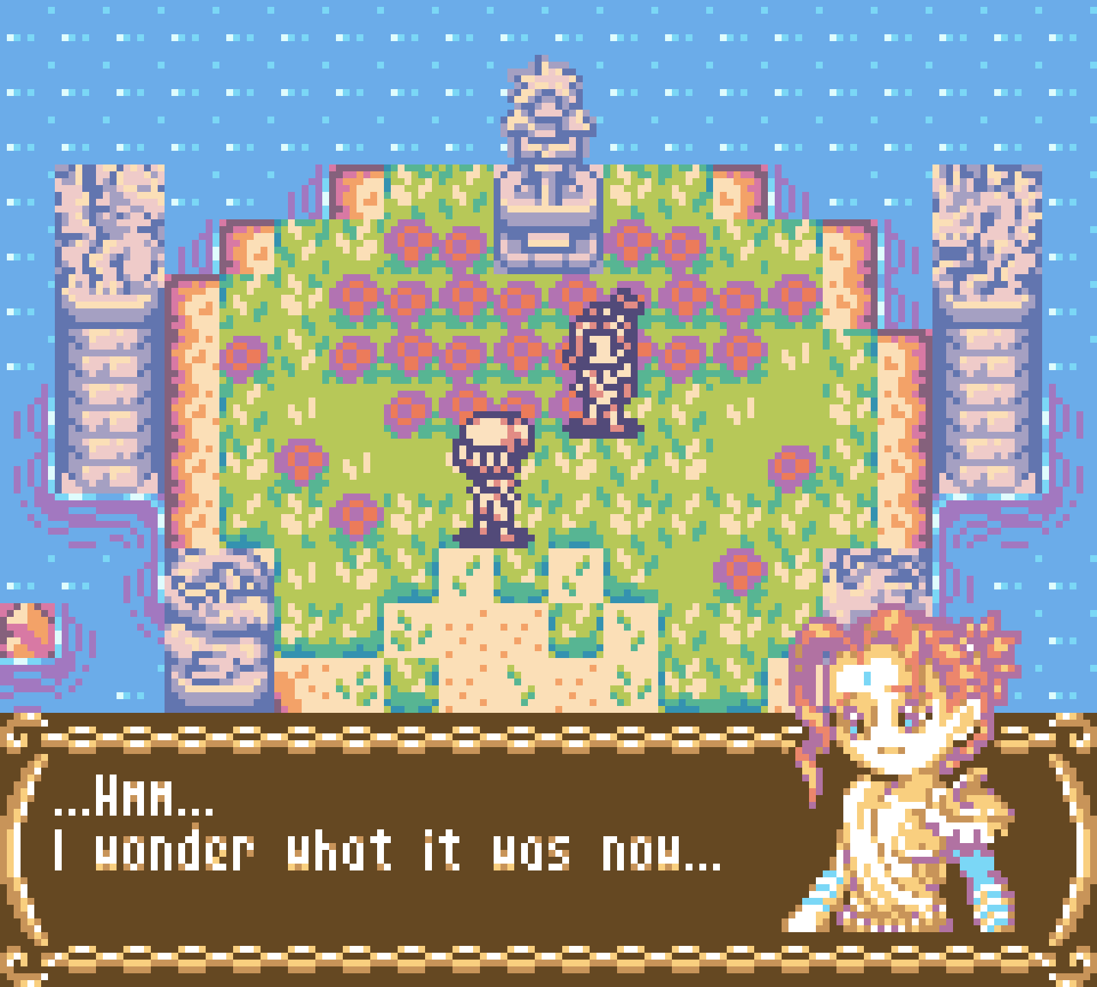 A character speaking on an island platfrom covered in flowers