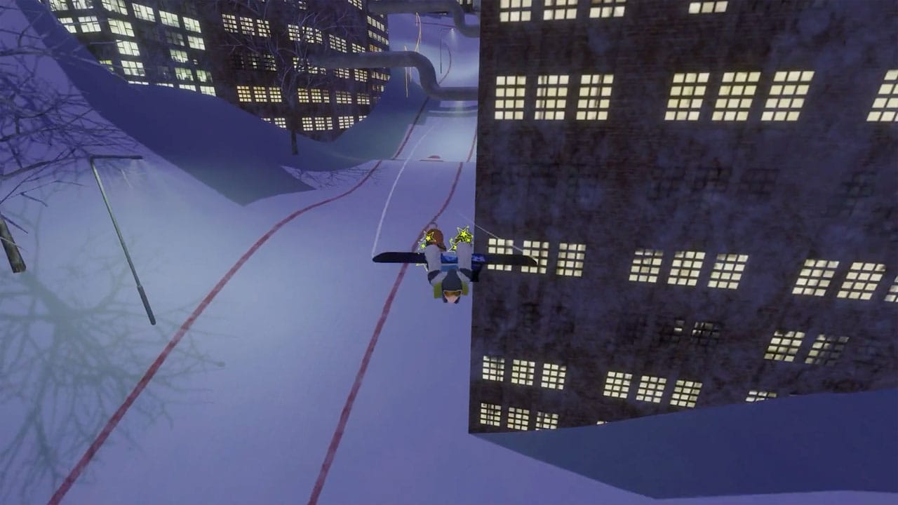 Character pulling off a big snowboarding jump at night