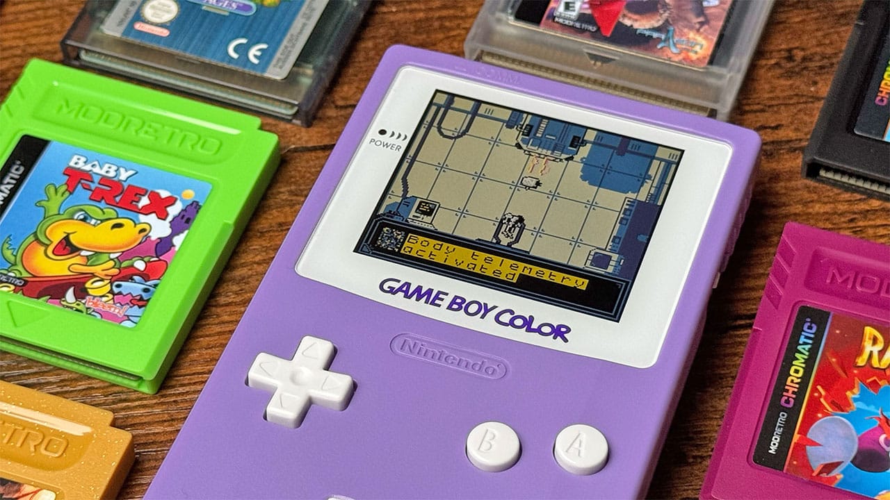 Game Boy Color (Purple) with a cut scene playing
