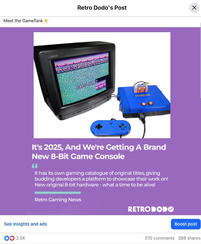 Screenshot from the Retro Dodo Facebook page