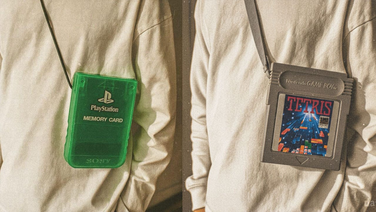 two people wearing bags that look like a green PS1 memory card (left) and Tetris Game Boy game (right)