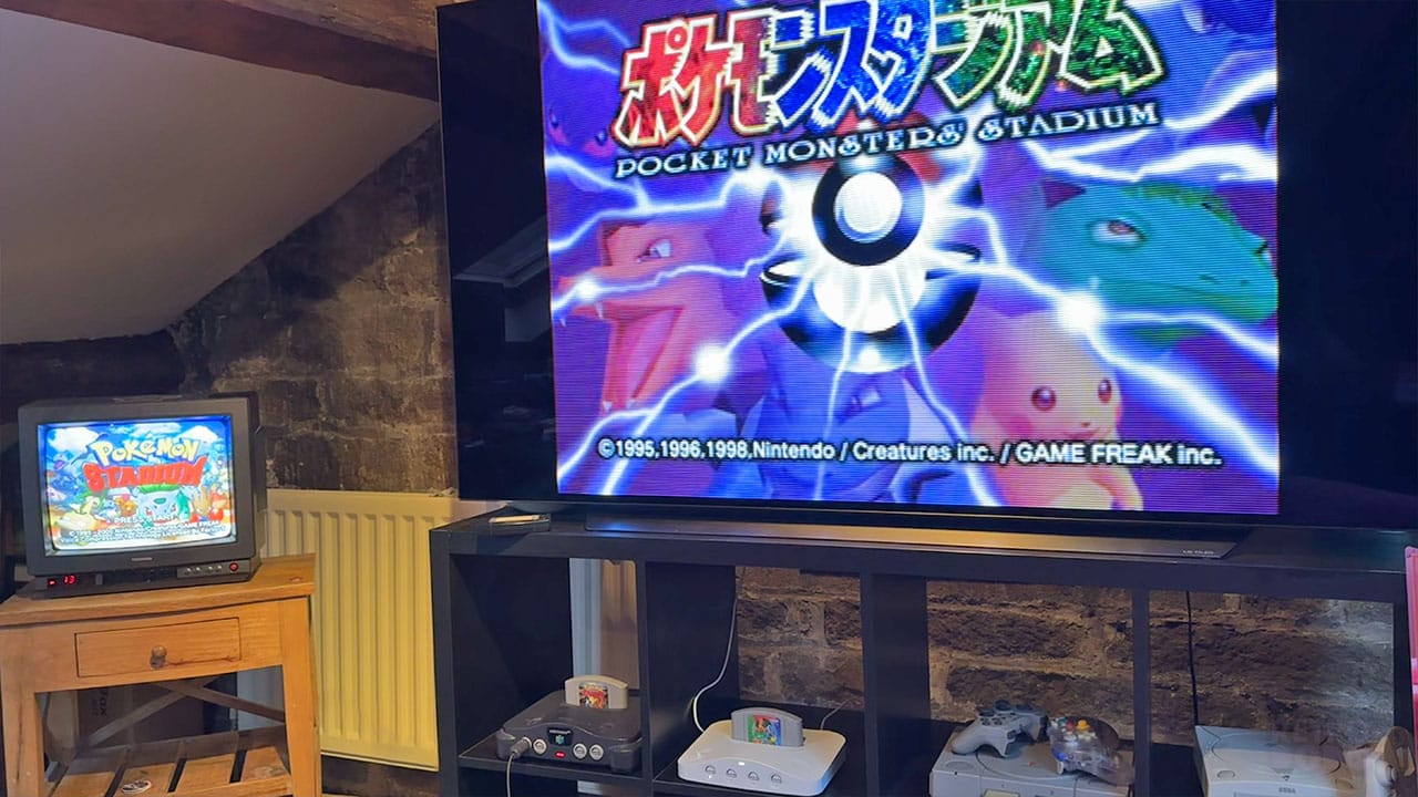 Pokémon Stadium on a CRT (left) and Pocket Monster Stadium on an 80" TV (right)