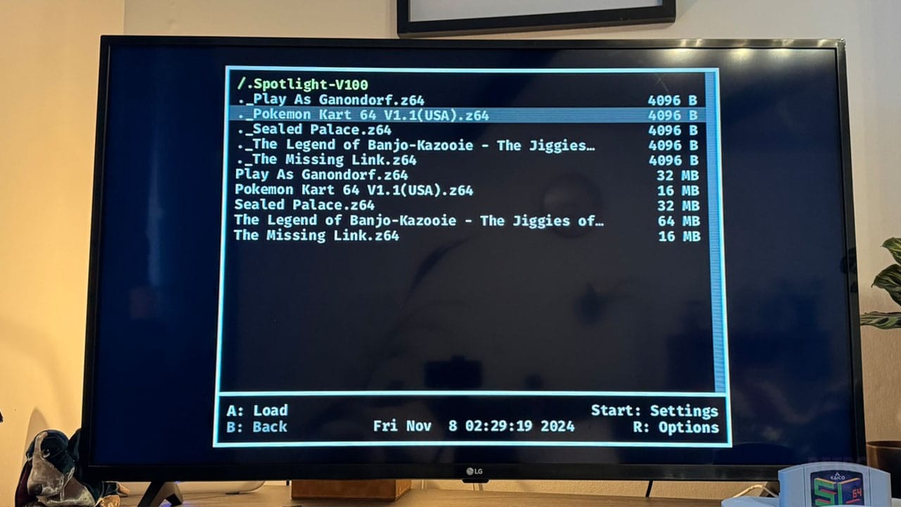 Menu screen showing ROM files