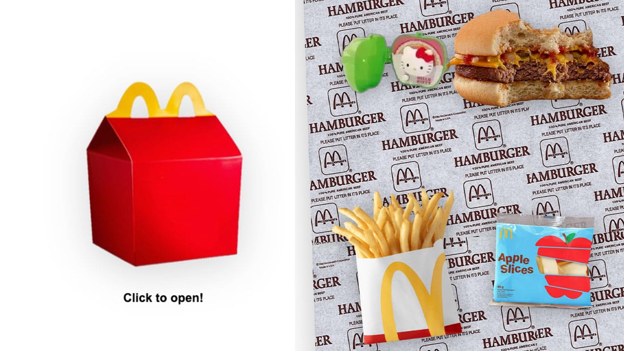 Red Happy Meal Box (left) and McDonalds food with a toy (right)