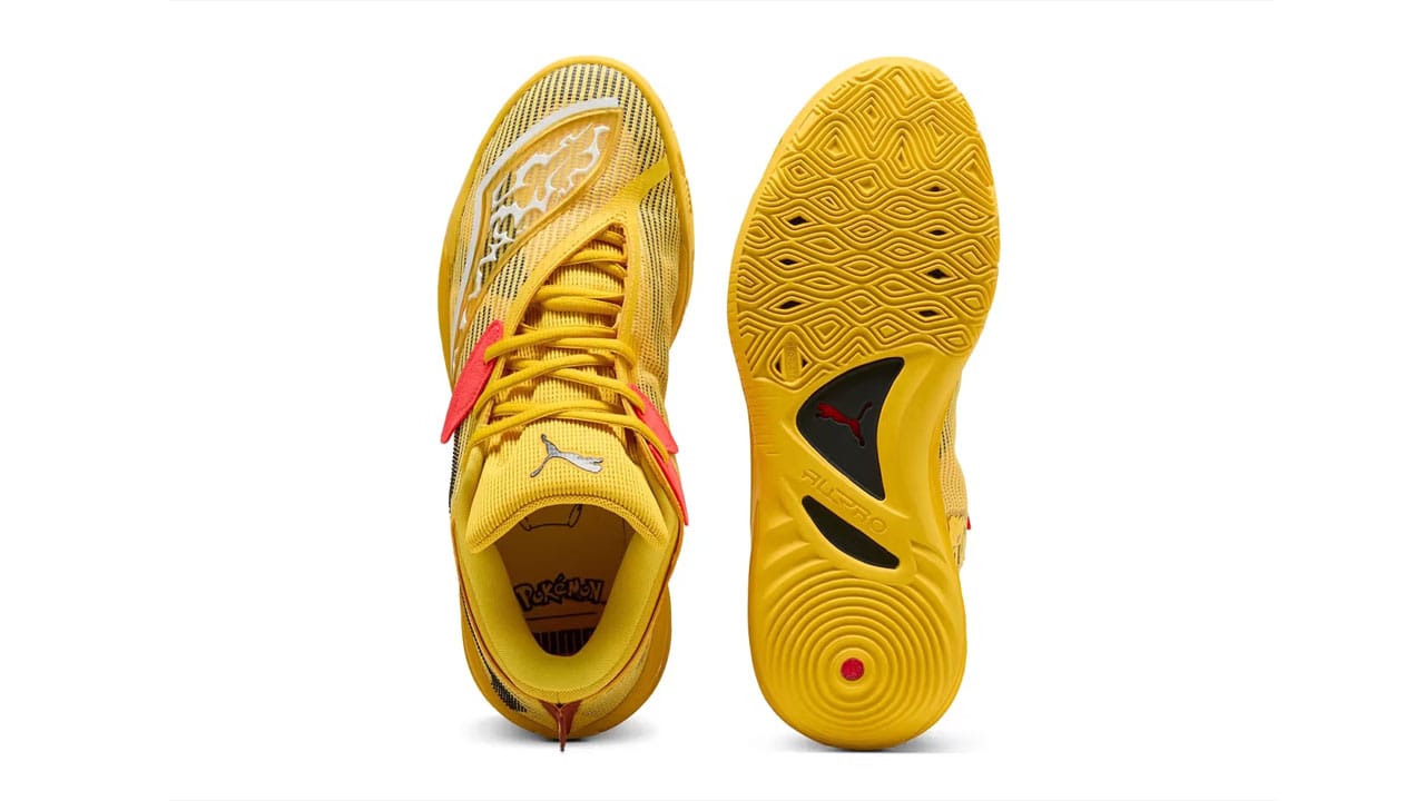 Top and sole angle of the Pokémon All-Pro Nitro 2 Pikachu basketball sneakers