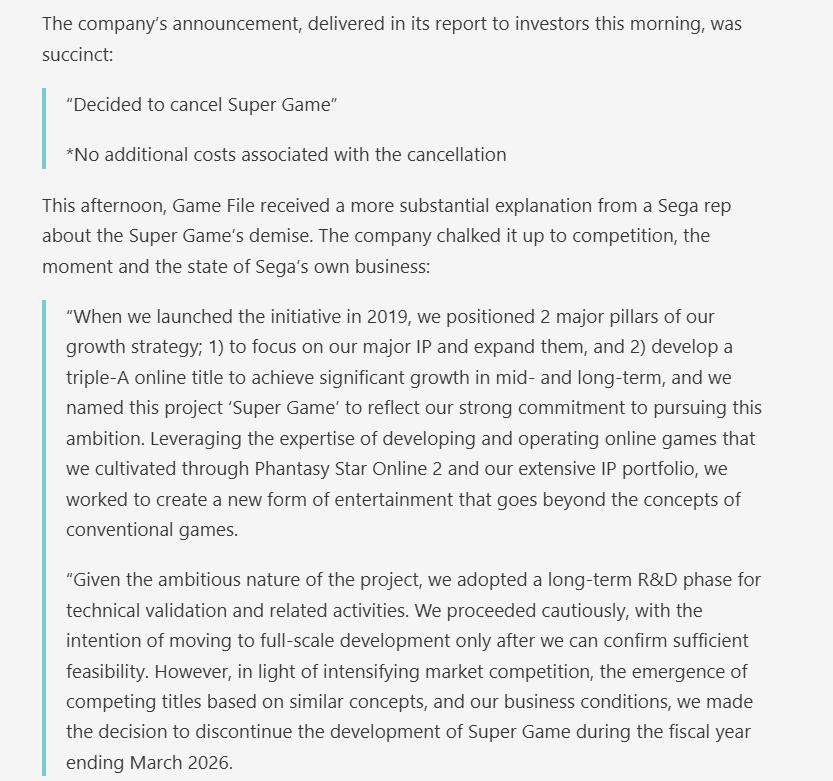 Information given to Game File on Sega's choice to cancel the Super Game