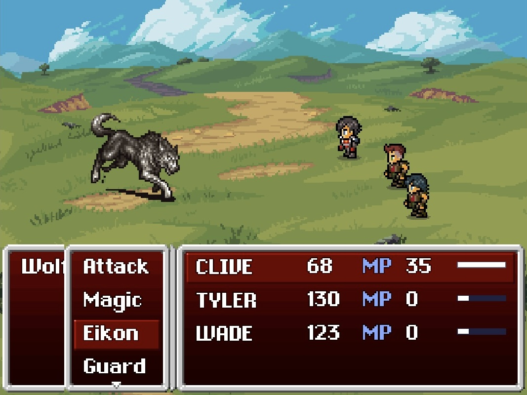 Battle against a wolf in a field with 8-bit graphics
