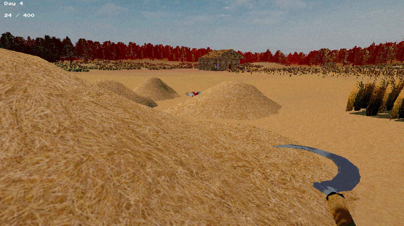 Scythe and wheat piles in a farm setting with red trees in the distance