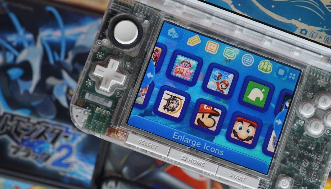 Close up of the bottom screen of a Nintendo 3DS with a KLRR case installed
