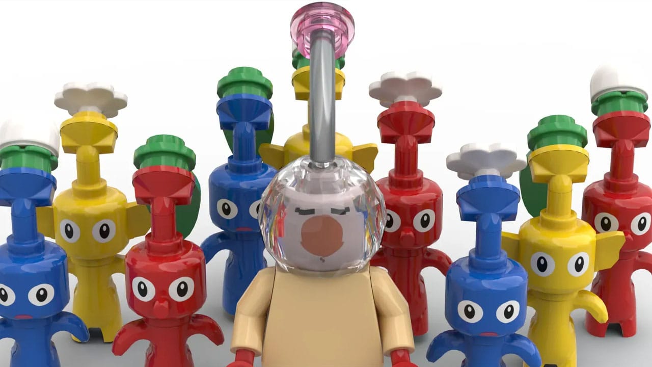 LEGO Olimar and Pikmin looking at a camera