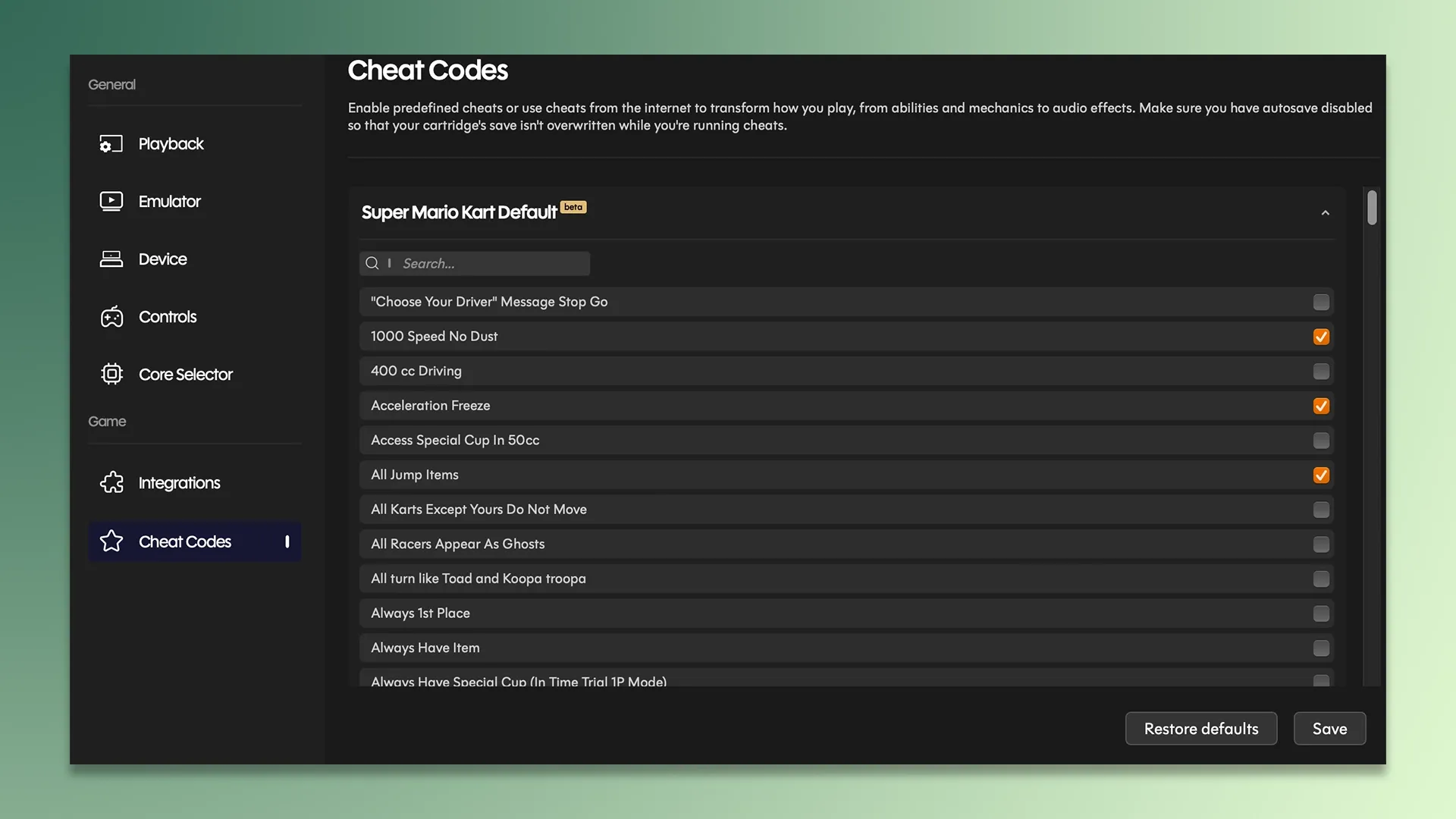 Cheat codes on Playback
