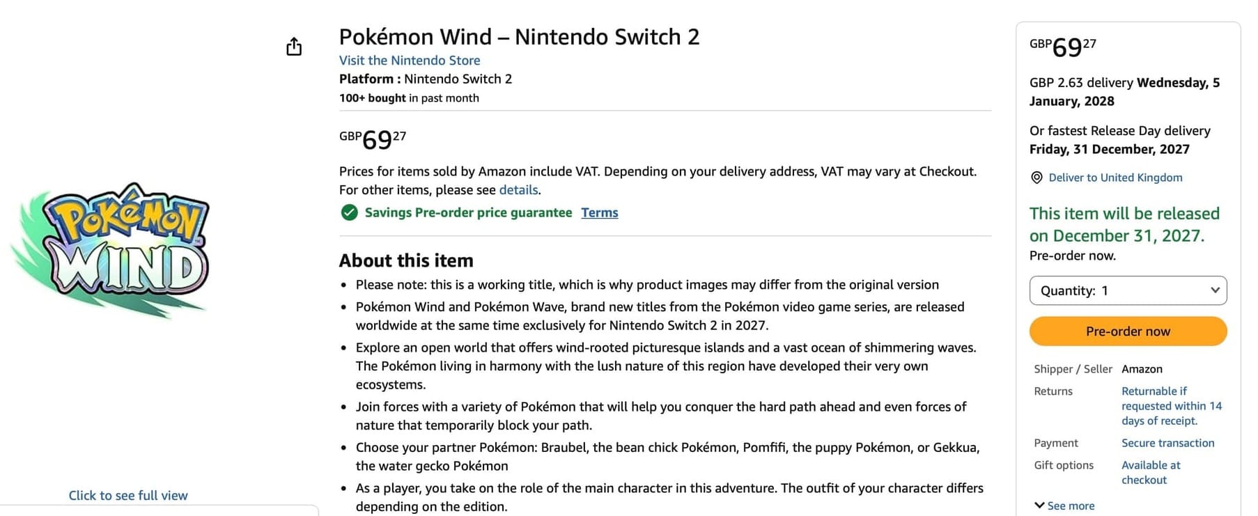 Pokémon Wind Amazon Germany listing