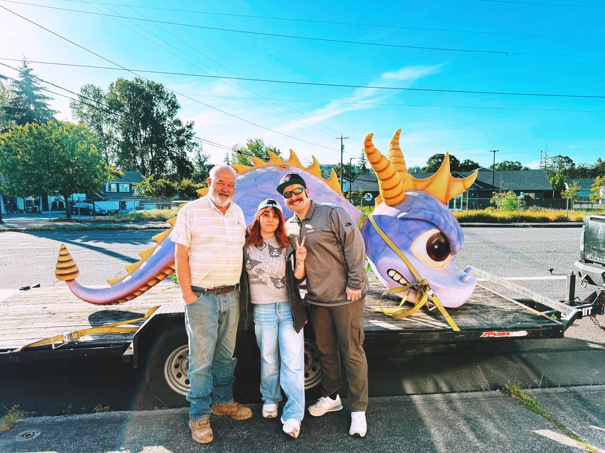 Spyro statue on the back of a truck