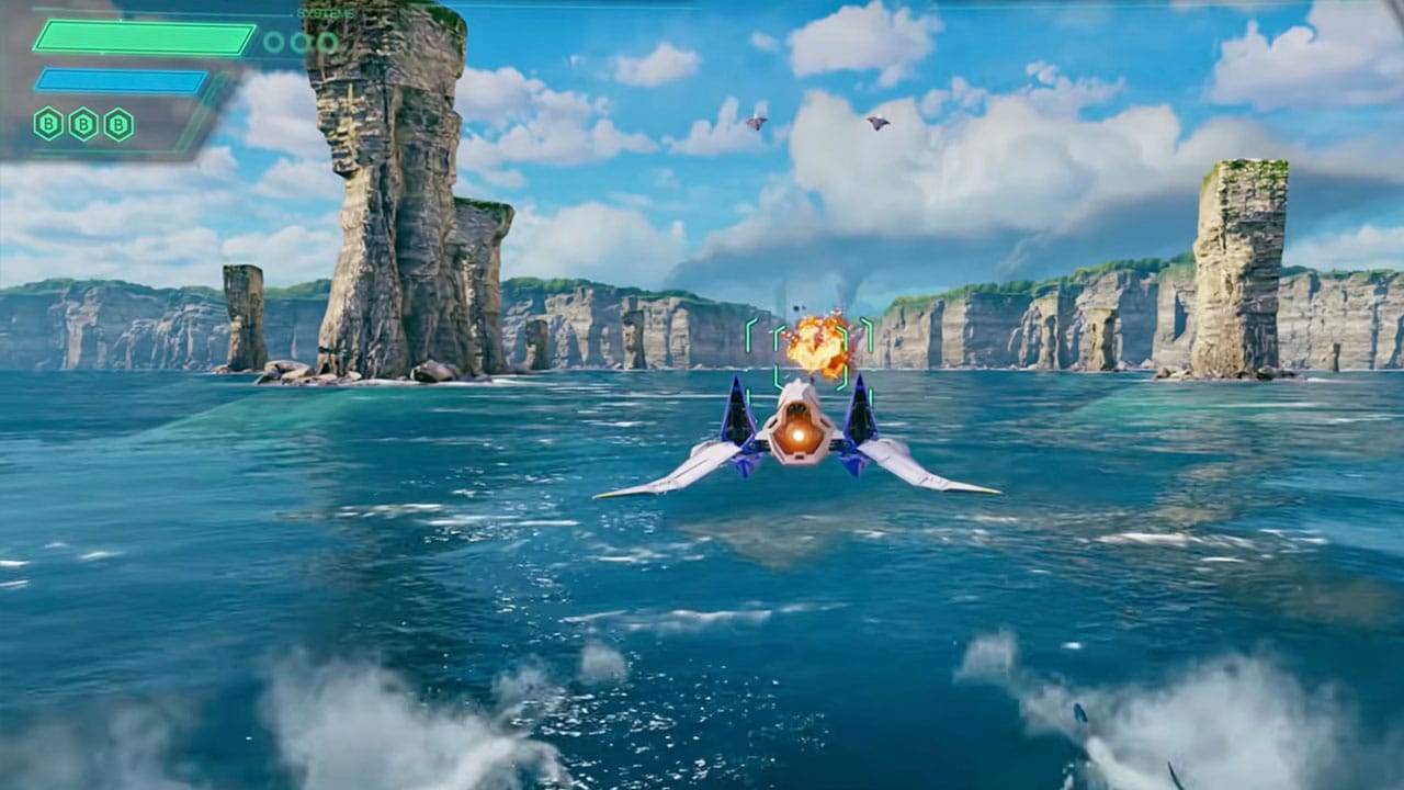 An Arwing on the remade first level of the game