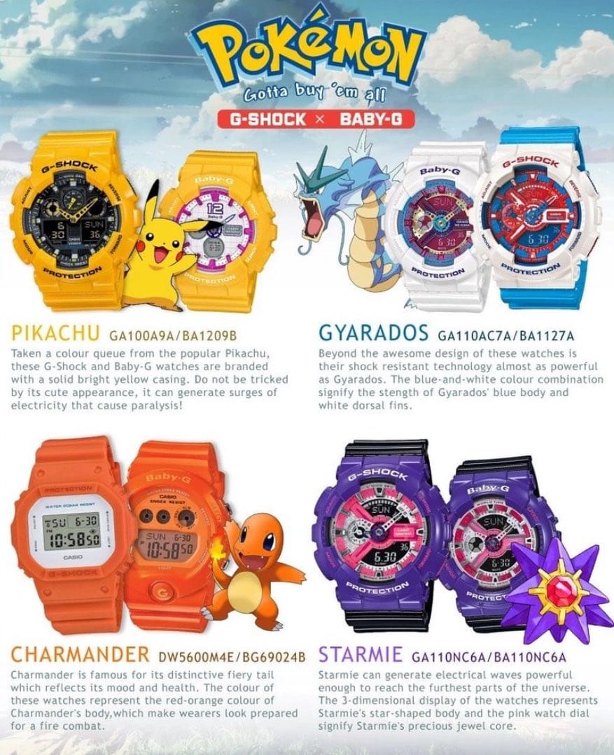Four Casio watches based on Pokemon