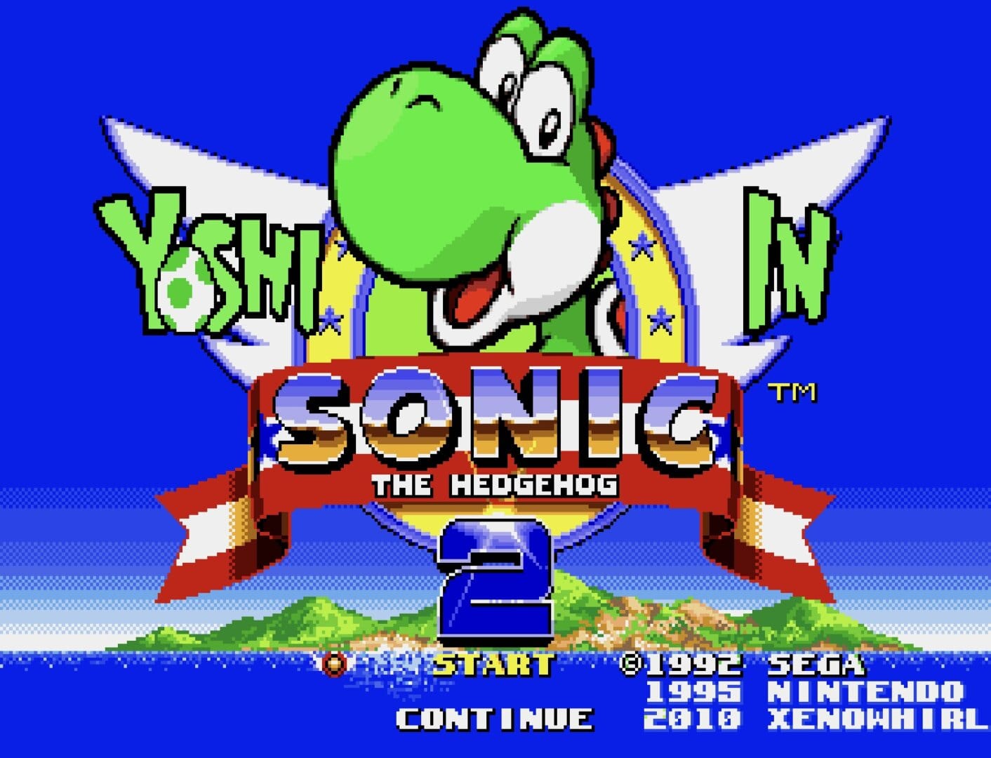 Title screen for Yoshi In Sonic The Hedghog 2 featuring Yoshi where Sonic's head should be.