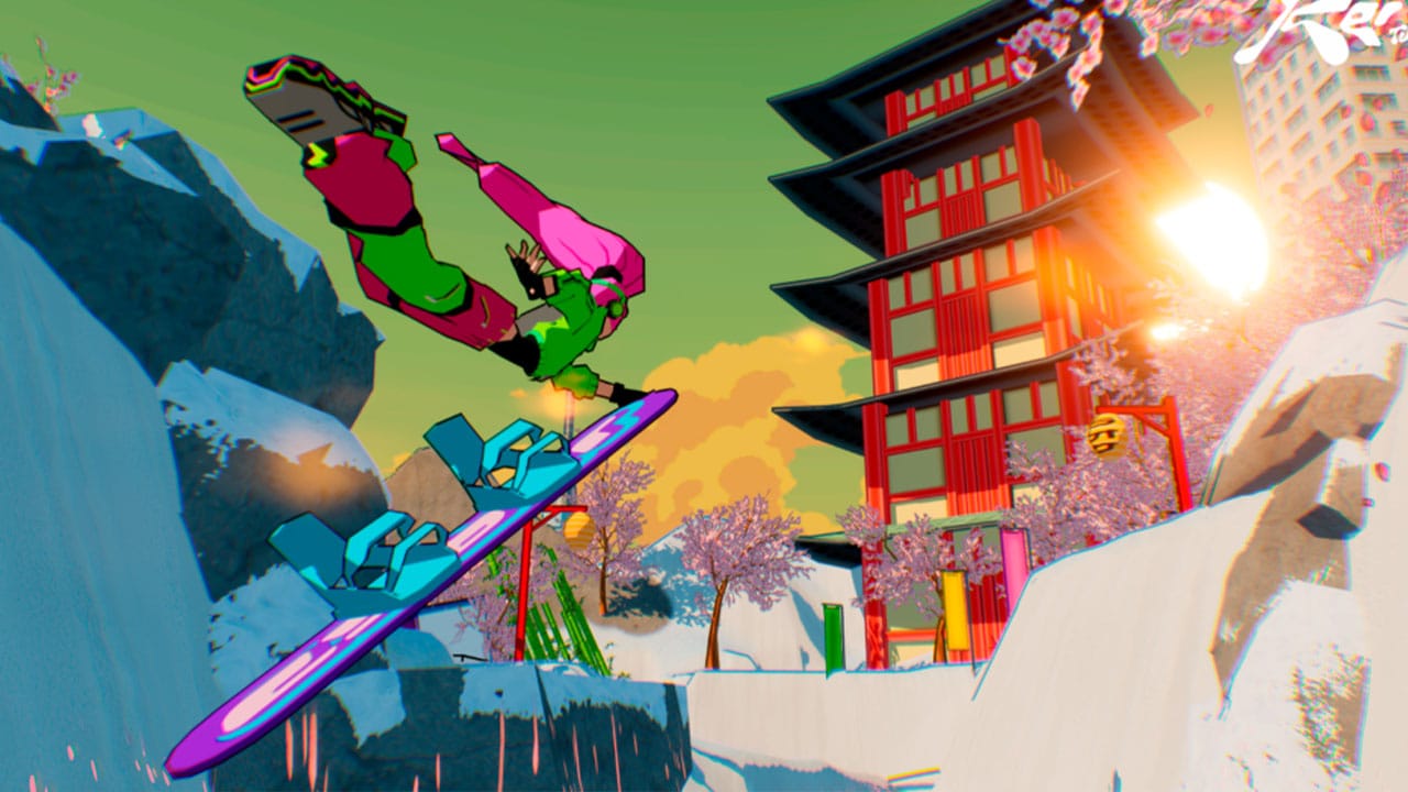 Cel-shaded character getting air on a snowboard