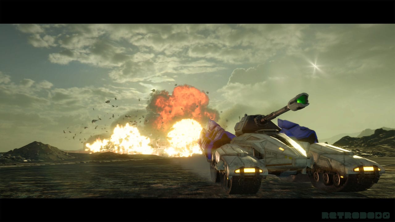 Landmaster moving away from an explosion