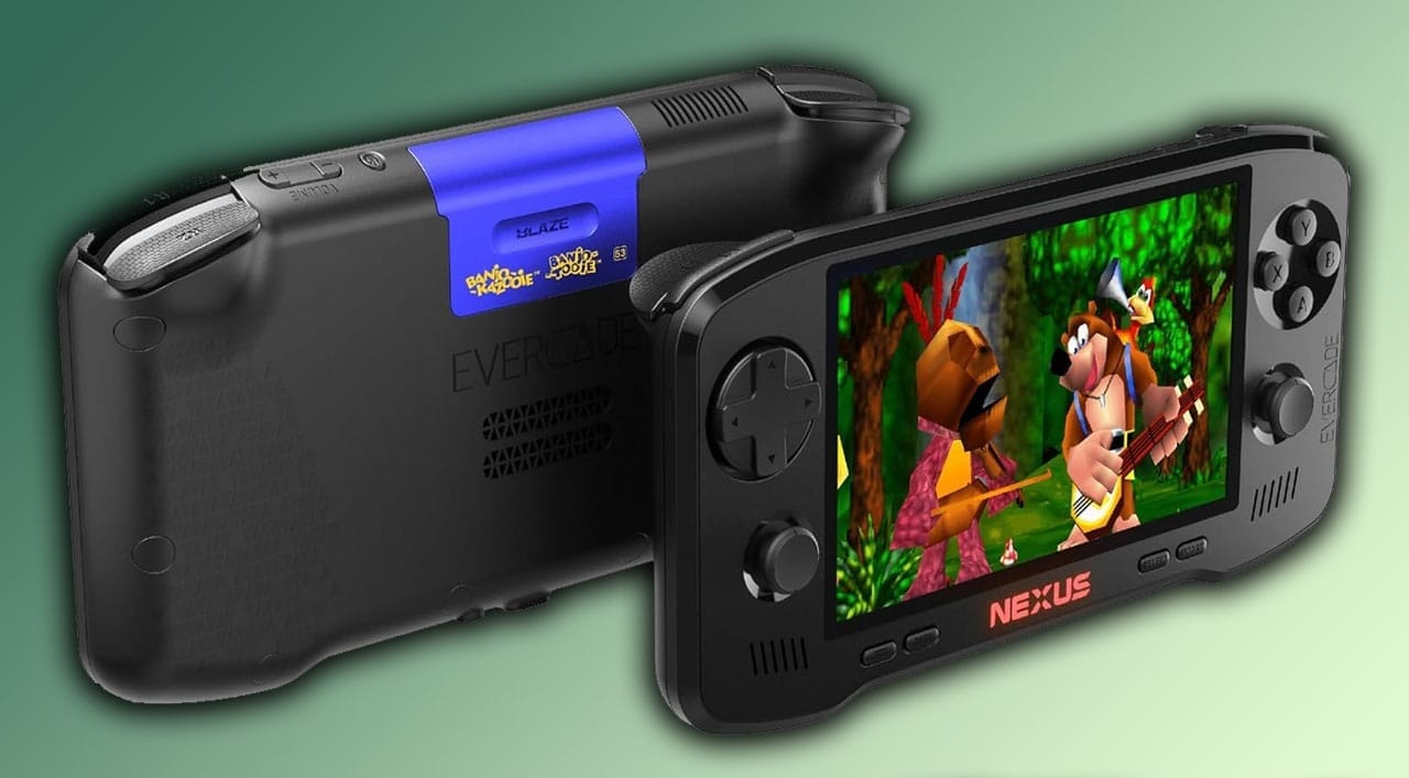 Evercade Nexus console with Banjo Kazooie gameplay on the screen