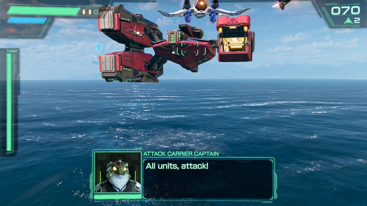 Attack Carrier Captain boss fight over the ocean in Corneria