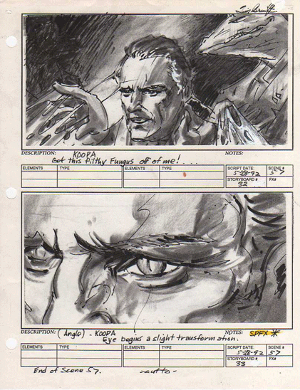 Close up of Dennis Hopper as Bowser storyboard
